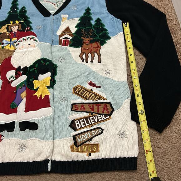 Quaker Factory Knit Christmas Cardigan Santa Angel Blue Black Size XL? *NO TAG - Picture 3 of 6